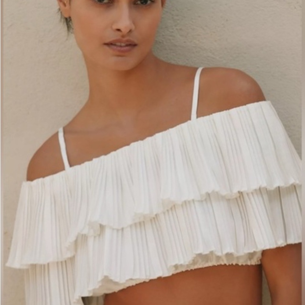 Anthropologie Off-Shoulder Plissé ruffled Crop Top - White